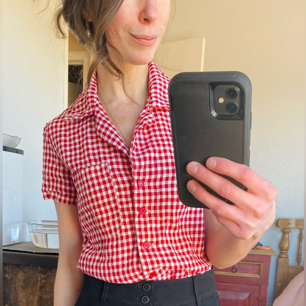 Reformation Short Sleeve Gingham Linen Top - Tailored XS
